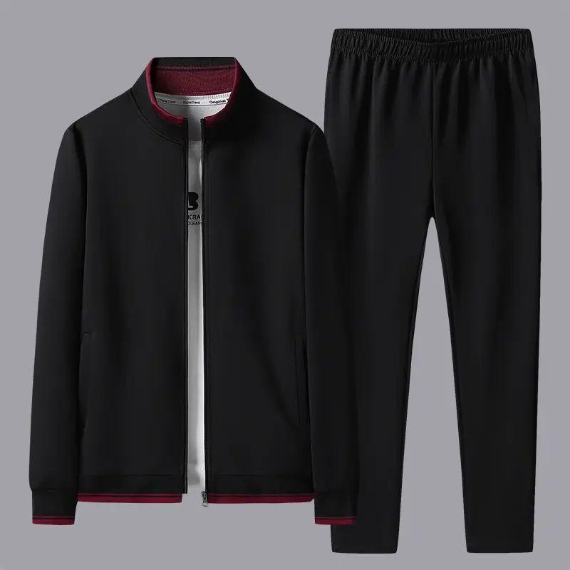 Men's Simple Plus Size Set, Middle Aged and Elderly Long Sleeve Jacket+Pants Sports Two Piece Set