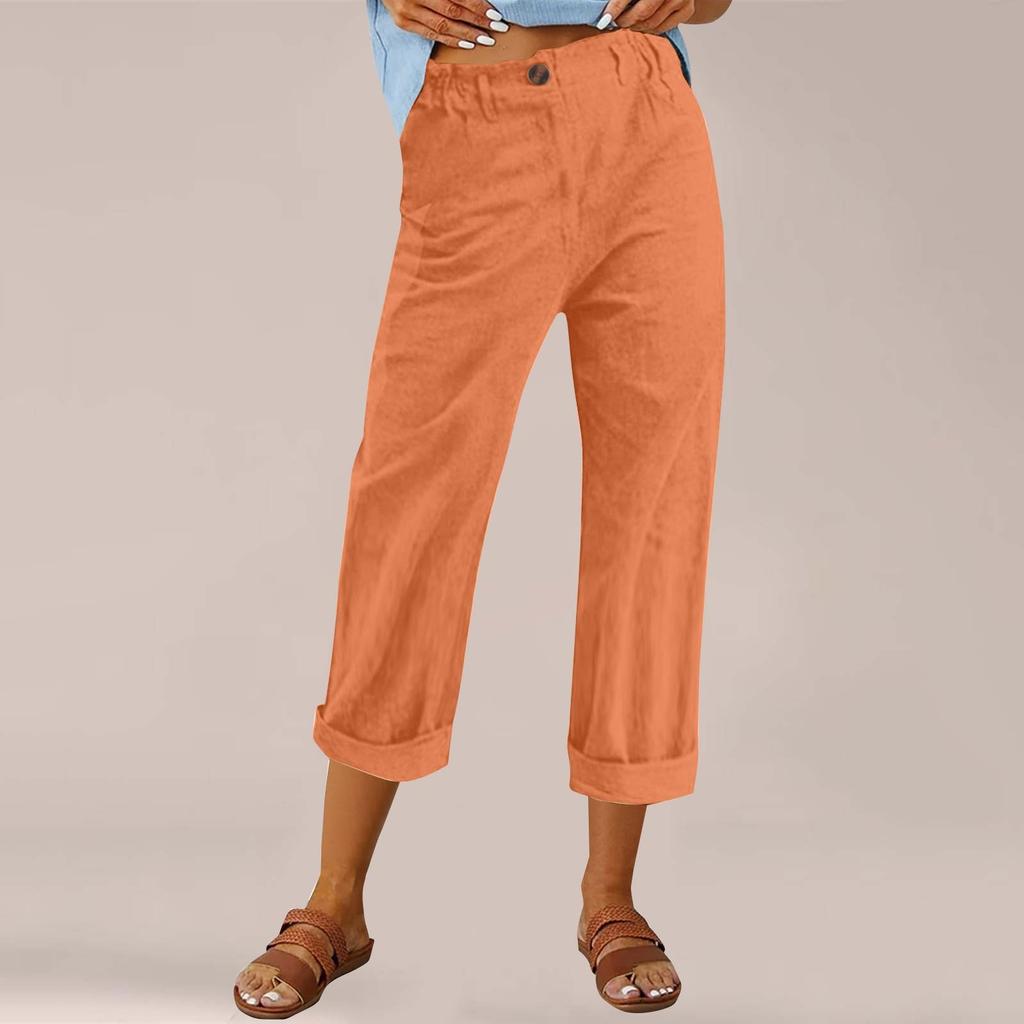 Women's Fashion Cotton-Linen Blend Loose-Fit High-Waisted Casual -Color Straight-Leg Pants