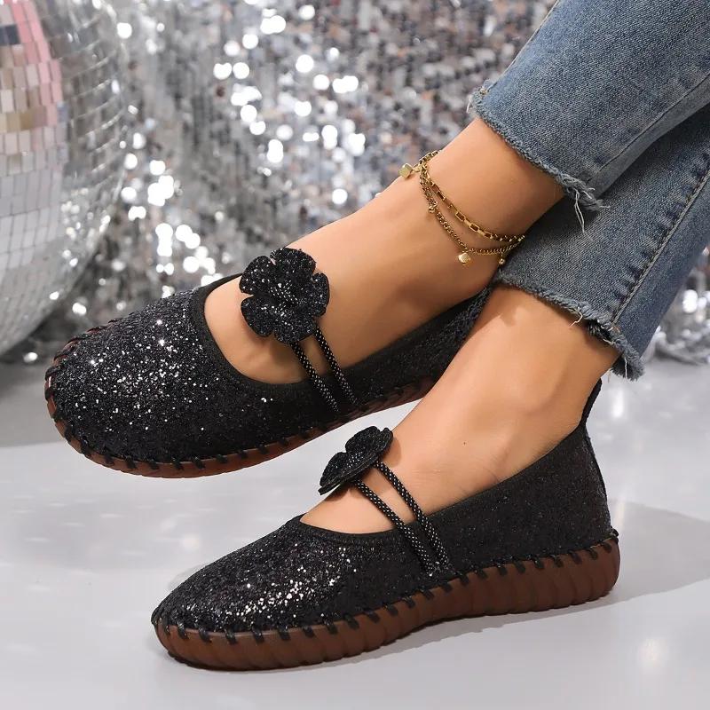 

Bling Flowers Round Toe Flats Spring/autumn New Shallow Shoes Female 2025 High Quality Slip-on Sweet Flats Sapatos Planos 36 чёрный