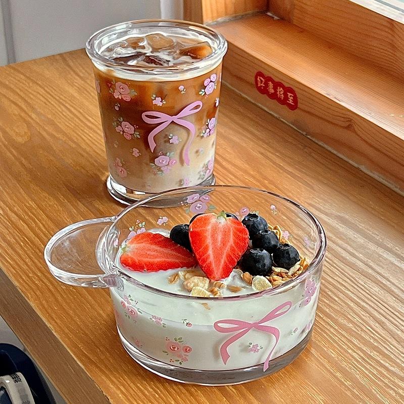 Kawaii Bowknot Glass Cups Bow Knot Rose Glass Milk Cup Fragmented Flowers Cold Extract Cup for Drinkware Coffee Breakfast Cup