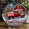 Vintage Red Truck Merry Christmas Sign 8 Inch Round Aluminum Metal Waterproof Wall Decor Farmhouse Decor with Christmas Tree