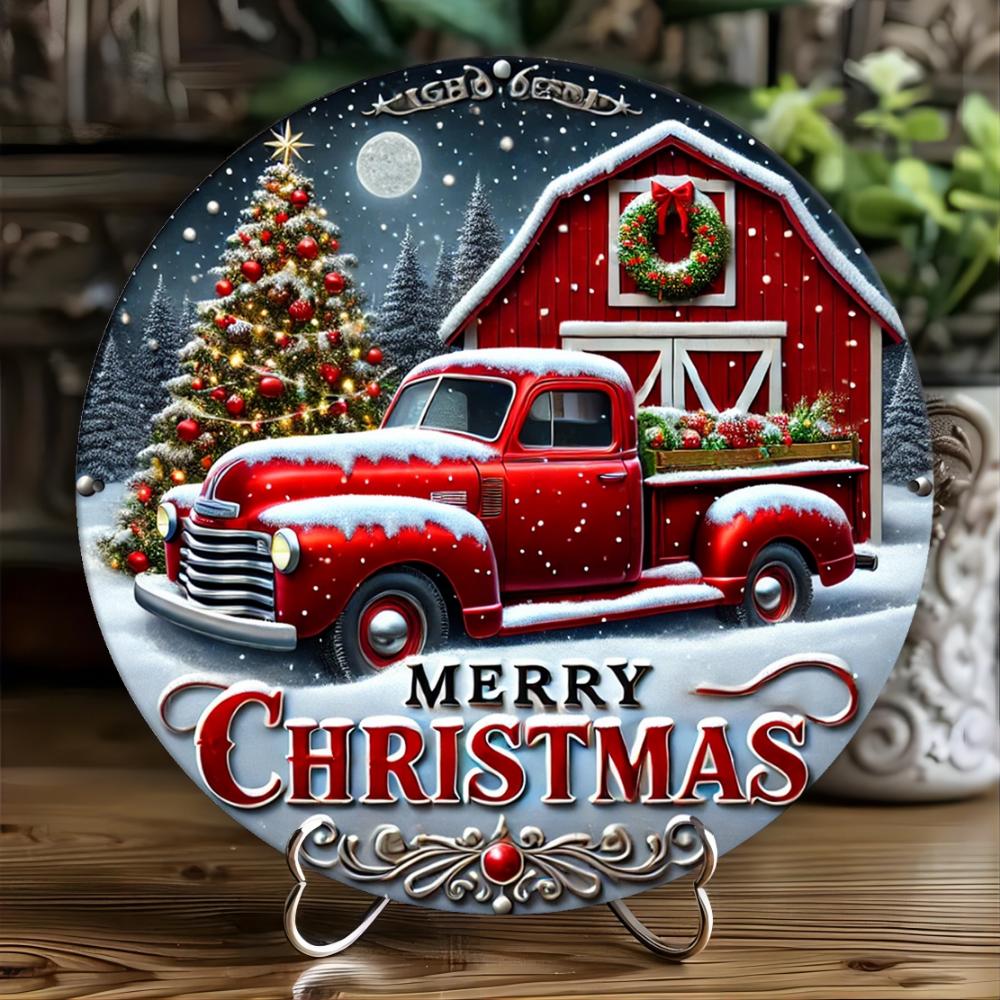 Vintage Red Truck Merry Christmas Sign 8 Inch Round Aluminum Metal Waterproof Wall Decor Farmhouse Decor with Christmas Tree