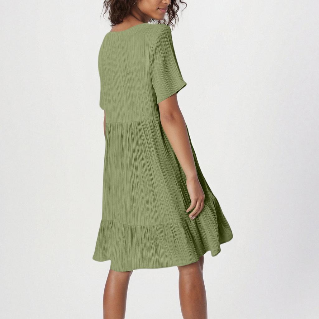 Ladies' Casual And Fashionable Solid Color Dress, Loose Short Sleeved Waist Cinched Dress
