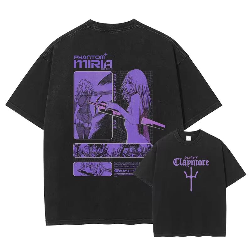 Anime Claymore T-Shirt Clare Miria Vintage Washed Tops Tees Anime Cartoon Harajuku DTG Print Short Sleeve Daily Wear Cool Top