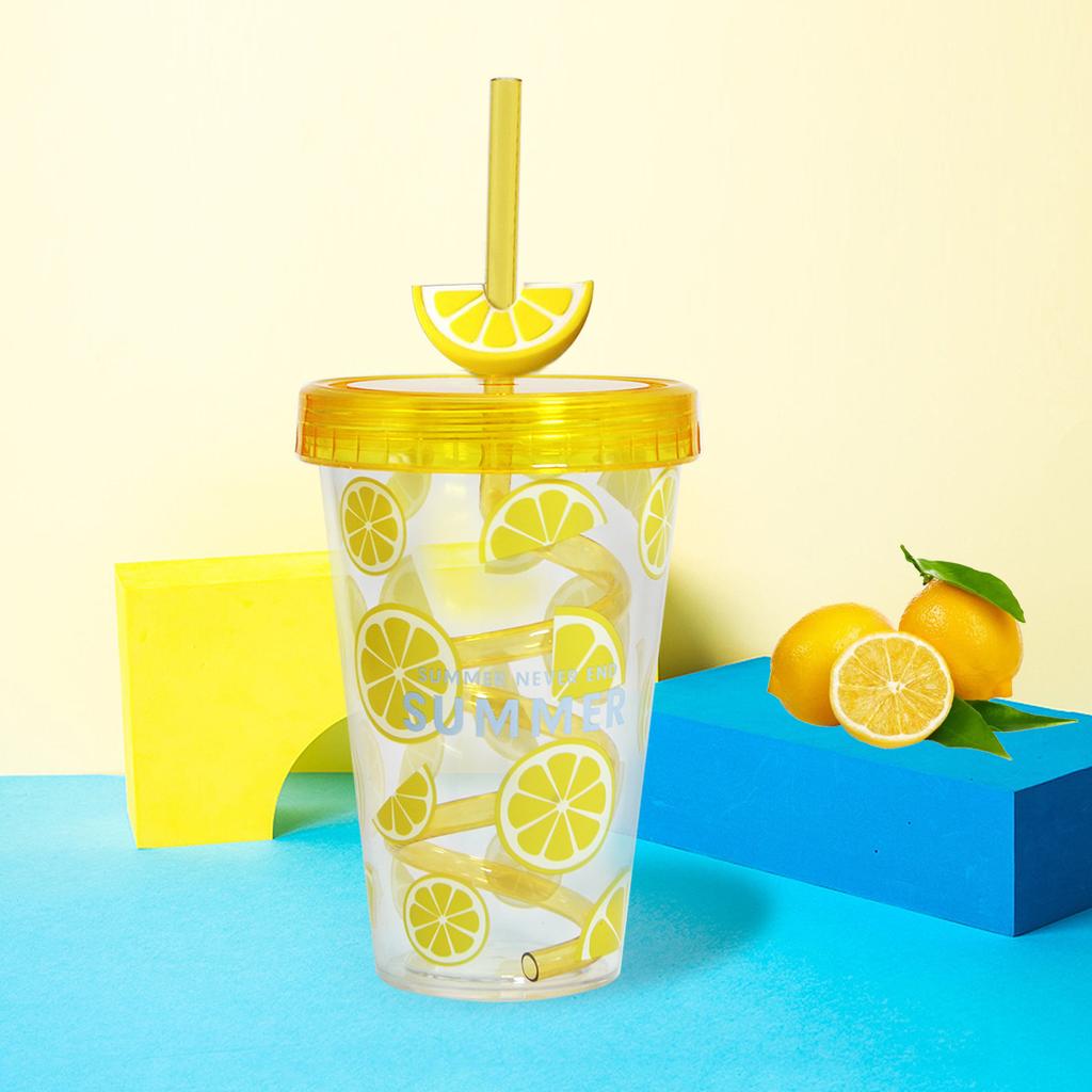 480ml Fruit Patterned Plastic Cup With Straw Transparent Juice Beverage Water Bottle for Drinking Ice Water Coffee Portable Mug