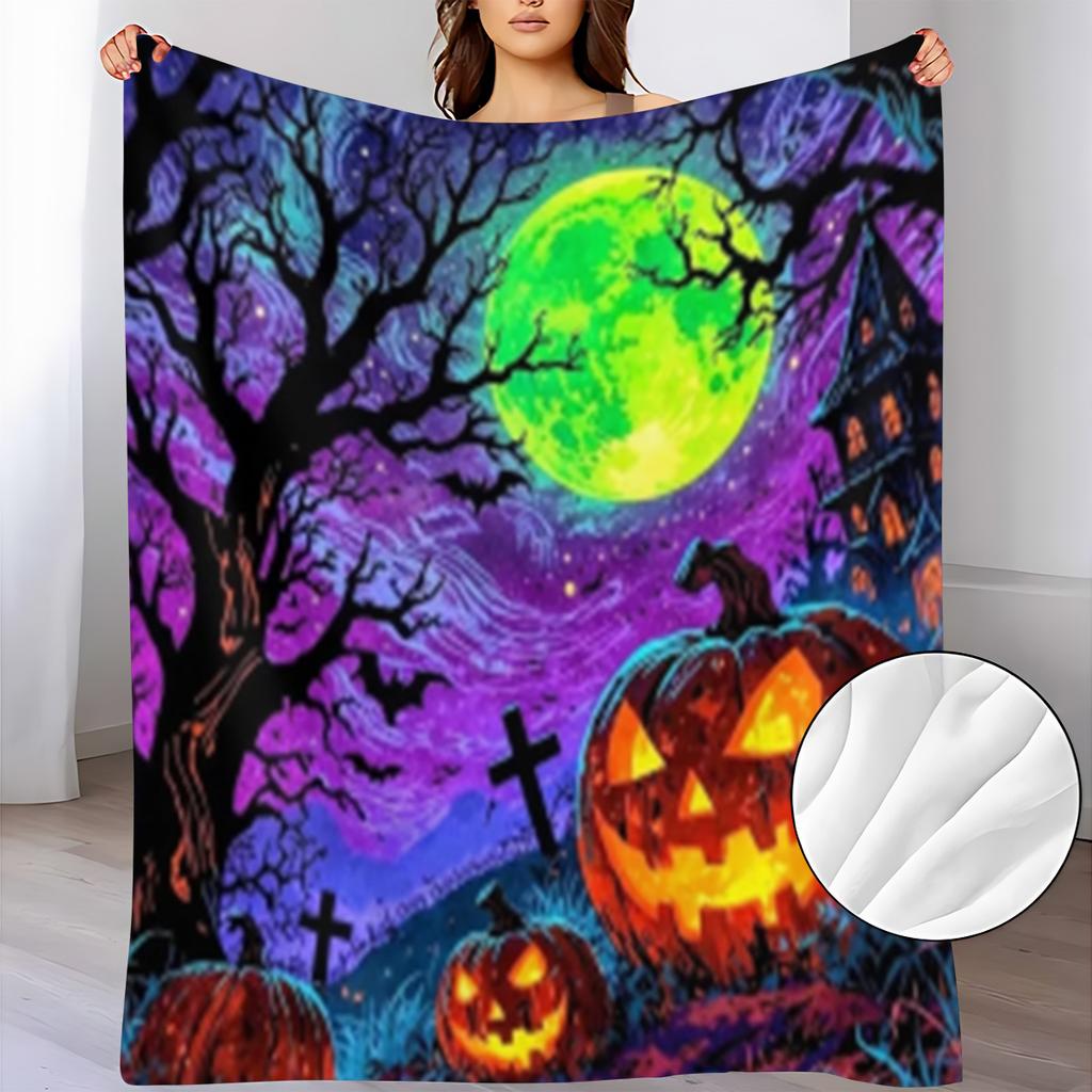Glowing Pumpkin Lantern and Full Moon Night Scene with Bats Pattern Flannel Throw Blanket, Soft and Warm, Suitable for Sofa, Home Leisure, Air Condit