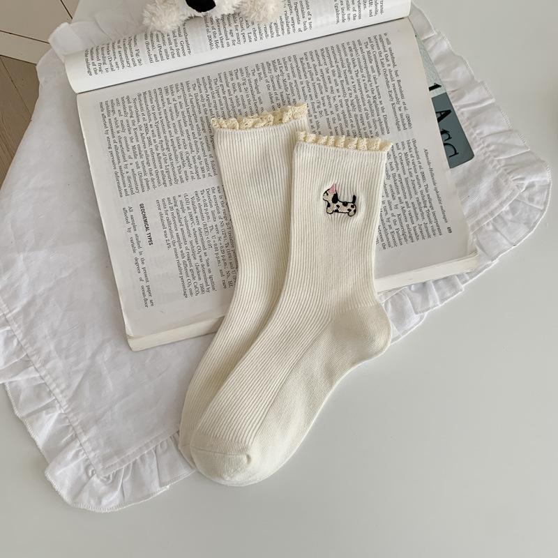 

5pair Japanese Lace Socks Children Cute Dog Embroidered Medium Tube Stacking Socks Autumn Double Needle Striped Cotton Socks Women S Socks One size fits all белый