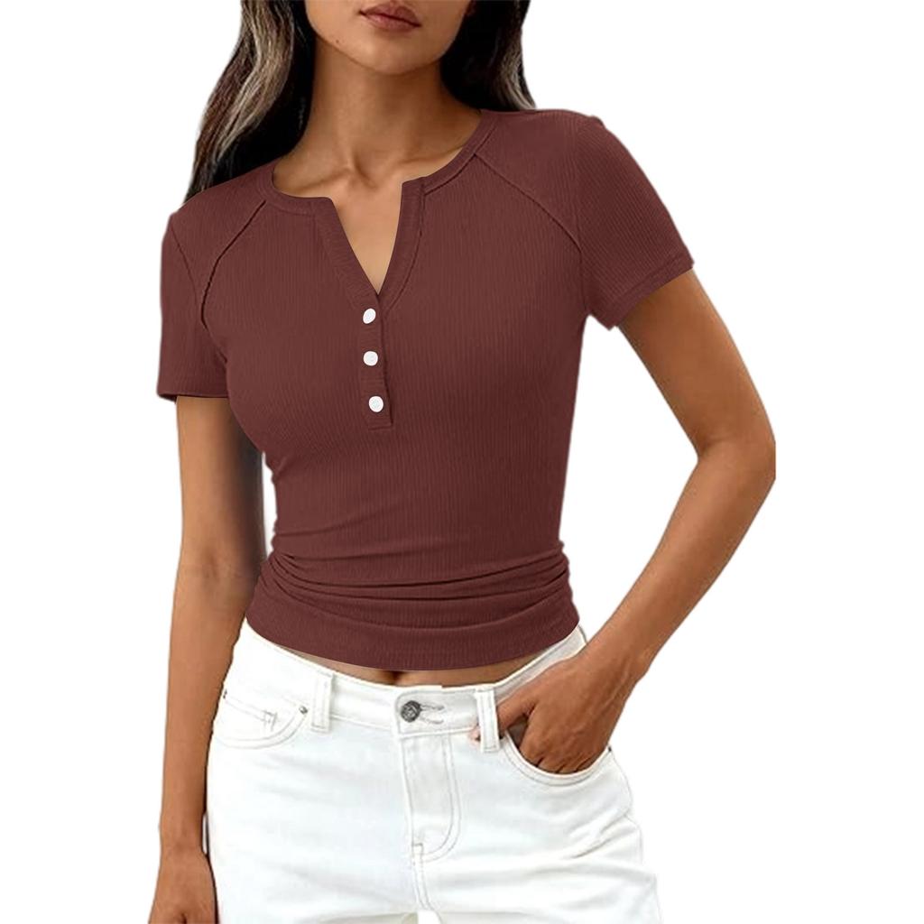 Women's Fashion Casual Color New Short-Sleeved Decorative Button V-Neck T-Shirt Top