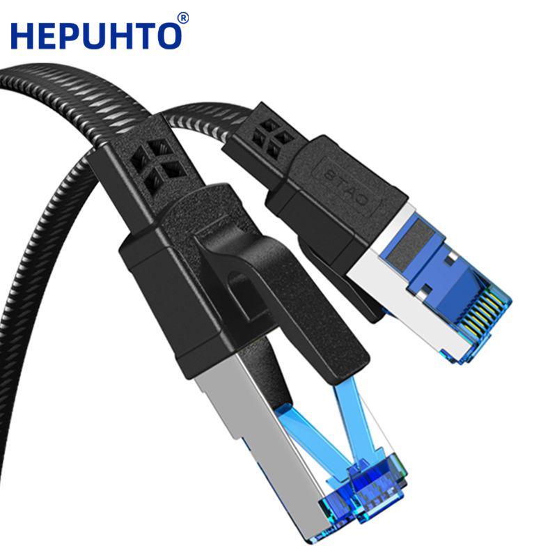 Cat8 Blue & Black Braided Network Cable, 40Gbps Flat Patch Cord, Pure Copper 7x0.1mm Shielded
