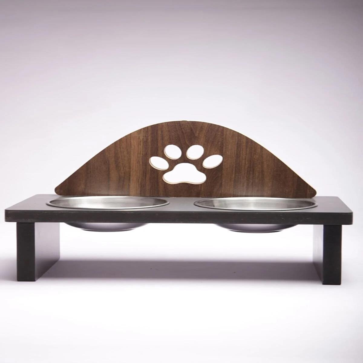 

Дерев яна сталева миска з малюнком лапи для корму для котів Контейнер для їжі та води для собак 32x24cm сталлю синього кольору