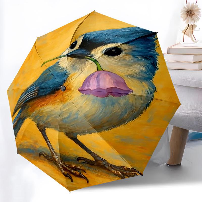 1pc Bird Flower Automatic Folding Umbrella - 8-Rib Compact Travel Umbrella Durable & Portable for Outdoor Use, Perfect Gift087
