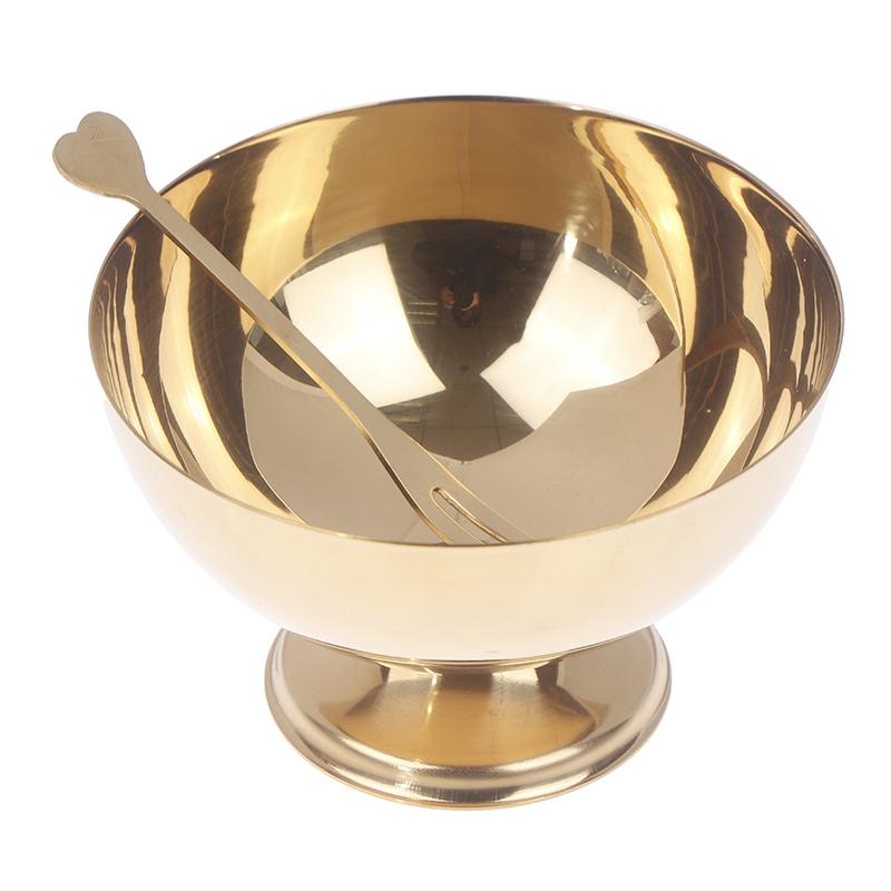 1Set Gold Stainless Steel Ice Cream Bowl With Fork - Salad Dessert Fruit Plate Snack Dish Wine Cup Home Kitchen Bar Tableware