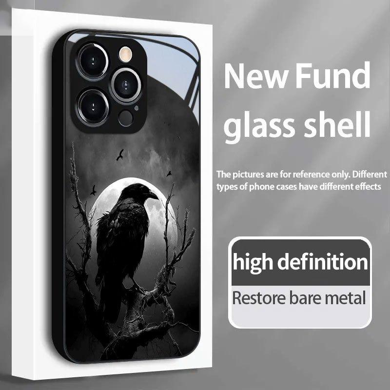 Night Raven Bright Moon Pattern Tempered Glass Phone Case For iPhone 17 16 15 14 13 12 11 Pro Max 17 Air 7 8 Plus XR XS X Cover