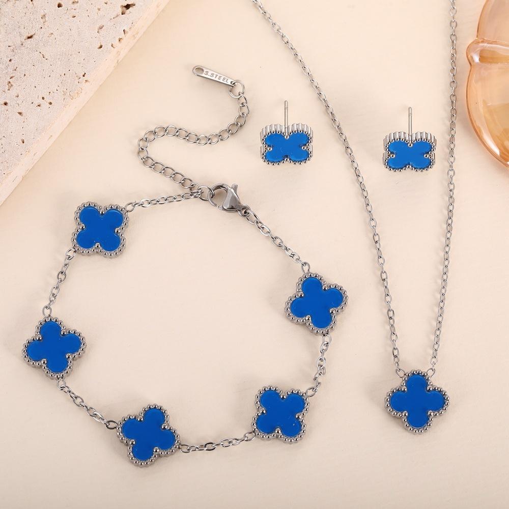 3PCS Titanium Steel Double-sided Clover Necklace Bracelet Earring Set