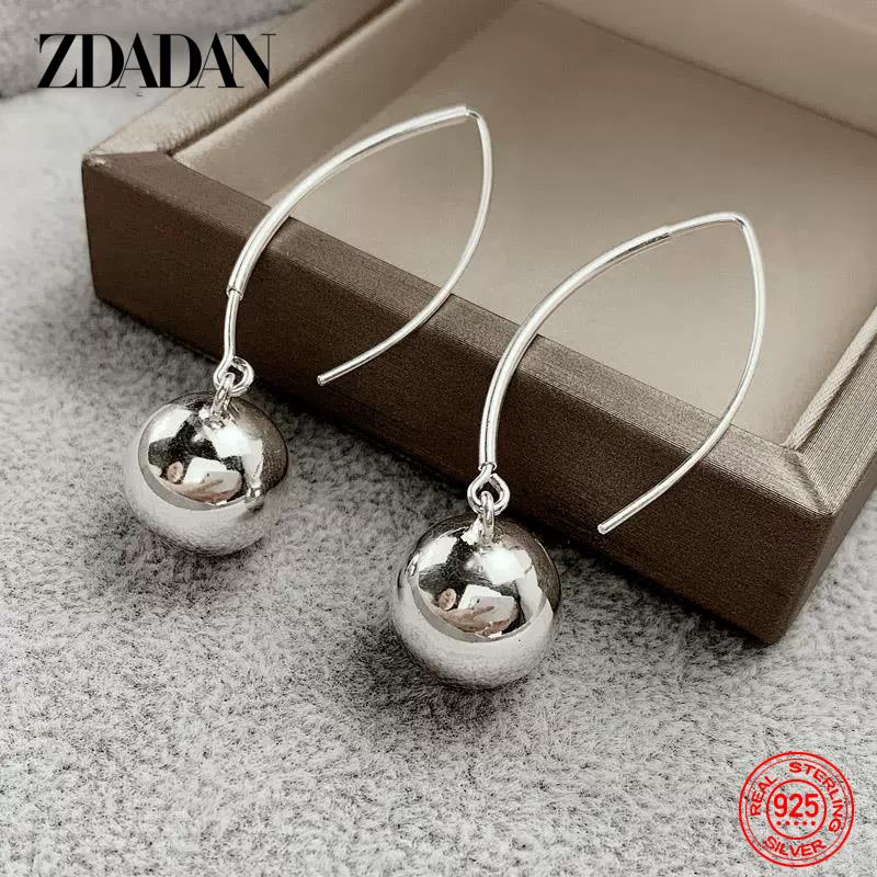 

925 Sterling Silver 12/14mm Bead Long Drop Earrings for Women Fashion Charm Jewelry