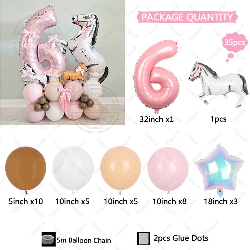 35pcs Horse Farm Party Themed Balloon Kit with 32inch Large Pink Number Baloons Western Cowgirl 1-9 Years Birthday Party Supplie