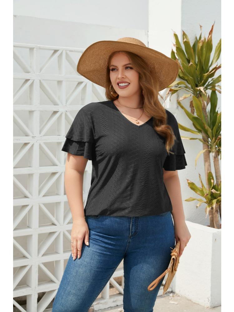 

2024 Новые летние женские футболки с короткими рукавами и рюшами, элегантные повседневные женские футболки с V-образным вырезом, женские футболки больших размеров, уличные футболки, топы XL чёрный