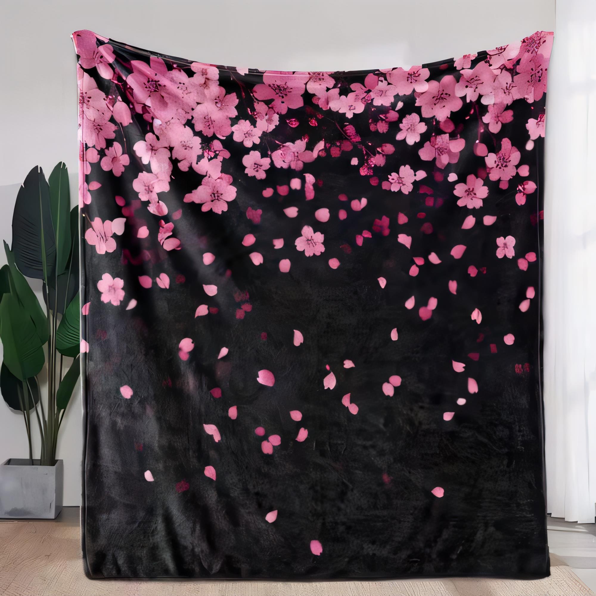 

Large Black Cherry Blossom Blanket Floral Tapestry Soft Cozy Fabric with Pink Flowers Ideal for Home Decor or Gift Outdoor Indoo 75cmx90cm