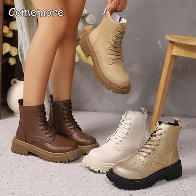 Modische Gold PU-Leder Plateau-Stiefeletten Damen Dicke Sohle Schnürung Braune Stiefeletten Damen Herbst Winter Klobiger Absatz Kurze Stiefel