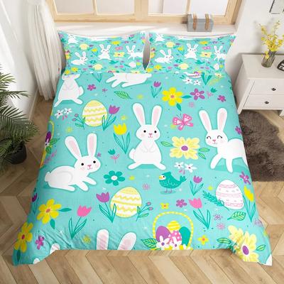 Kawaii Konijn Dekbedovertrek Schattig Huisdier Dier Dekbedovertrek Boho Bloemen Paaseieren Beddengoed Set Vrolijk Pasen Cadeaus voor Meisjes Tieners