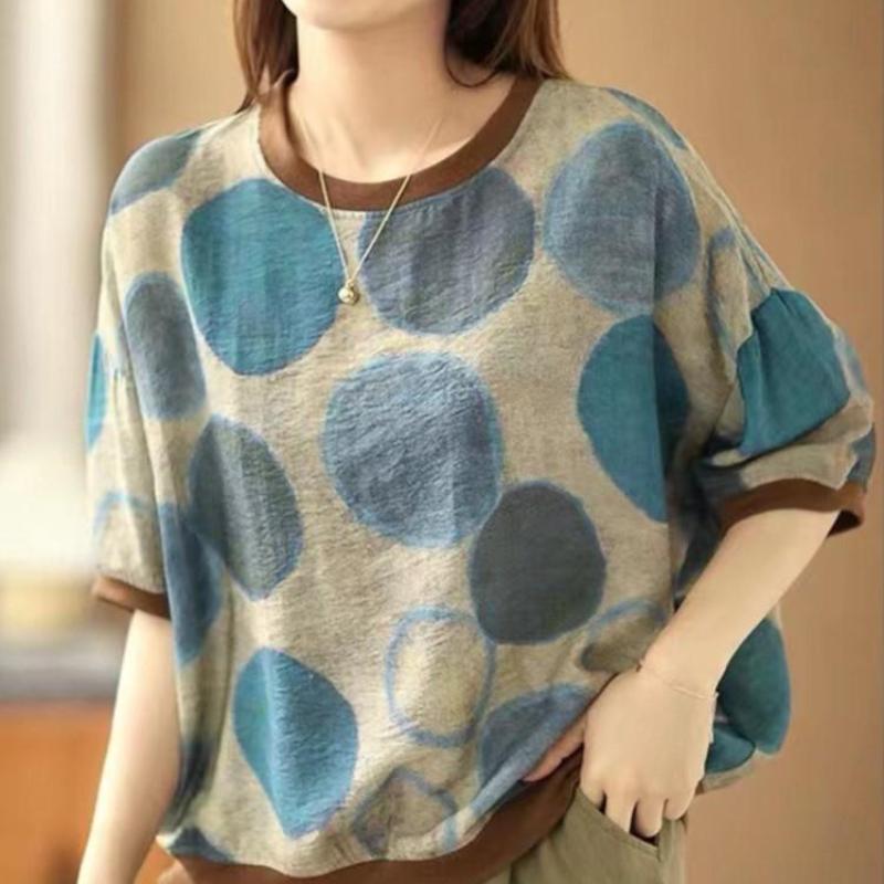 

Johnature женские винтажные футболки топы с принтом в горошек футболки с короткими рукавами летние повседневные футболки One Size