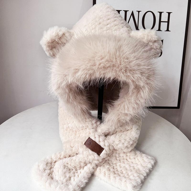 Cute Little Bear Fluffy Hat for Women In Winter Scarf Integrated Warm Ear Protection Hat Thickened Scarf Cold Protection Lei Feng Hat