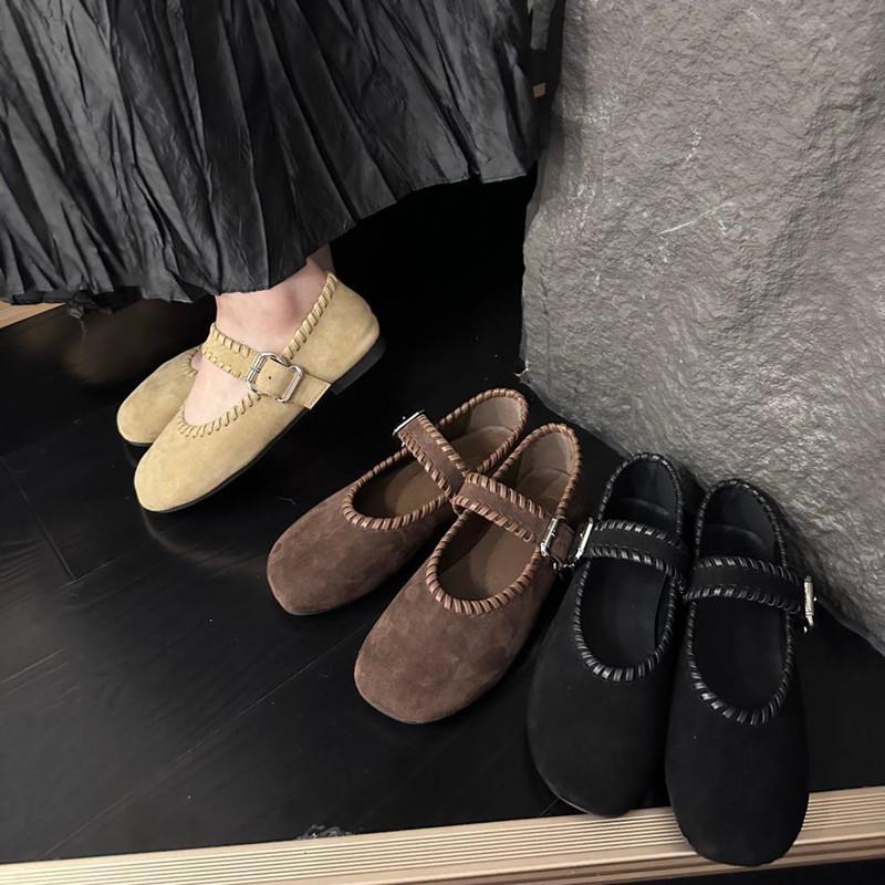 Fashion High Quality Woven Faux Suede Leather Mary Jane Shoes Women Metal Belt Buckle Design Shoes Comfortable Flat Loafers for Women