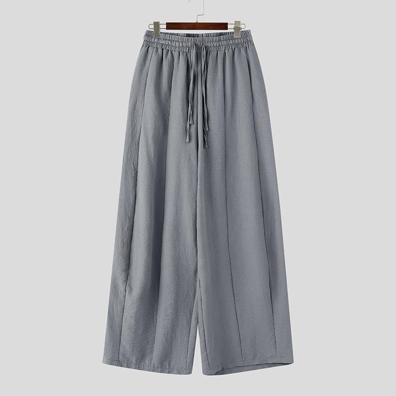 INCERUN Men Drawstring Elastic Waist Flimsy Drapey Casual Long Wide Leg Pants Trousers