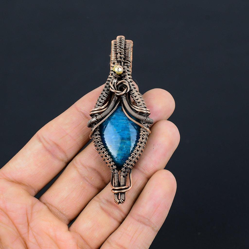 Neon Blue Apatite Gemstone Pendant 999 Copper Wire Wrapped Jewelry, Handmade Antique Pendant Jewelry, Gift For Mother