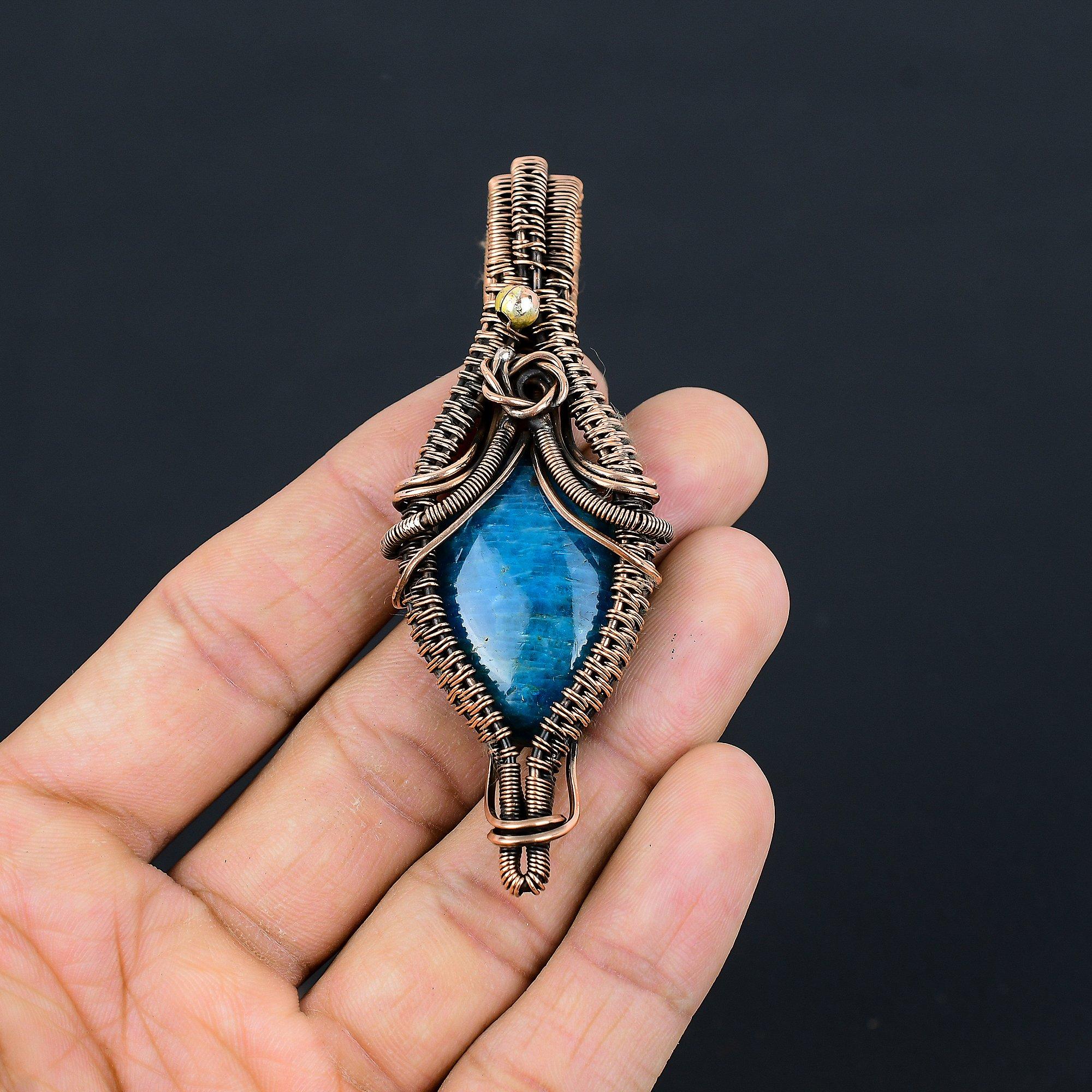 

Neon Blue Apatite Gemstone Pendant 999 Copper Wire Wrapped Jewelry, Handmade Antique Pendant Jewelry, Gift For Mother 2.55 Inches