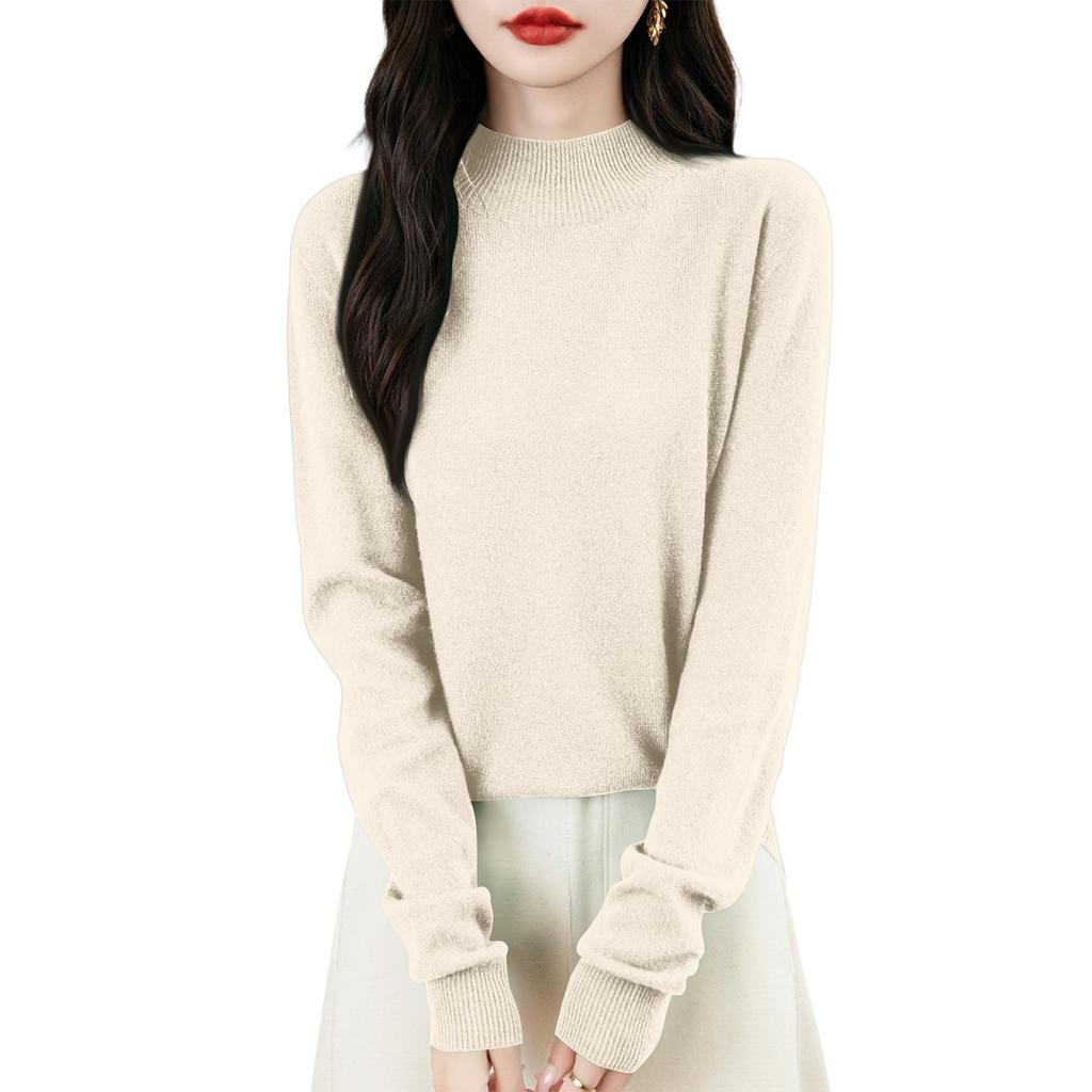 Women's Fashion Flat-Knit Half-Turtleneck Pullover Sweater Solid Color Long-Sleeve Top