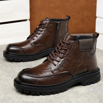 Leather Boots Man Winter High Top Classic Basic England Black Men's Ankle Boots Fashion Young Plush Warm Trendy All-match Shoes