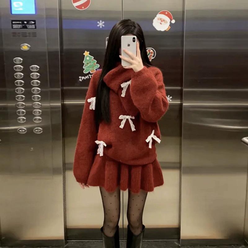 

Korean Maternity Winter Sweater & Bow Knit Mini Skirt with Scarf Set XL