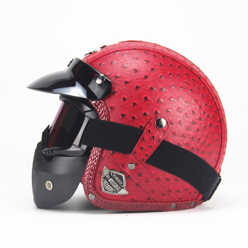 PU Leather Helmet 3/4 Motorcycle Chopper Bicycle Helmet Exposed Vintage Motorcycle Helmet & Goggles Mask Half Face Helmet