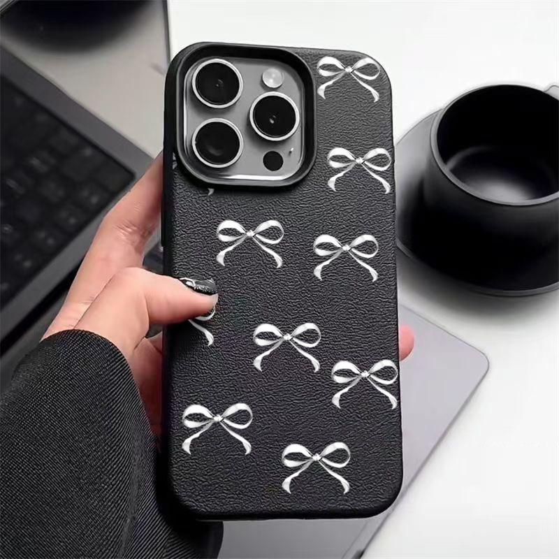 Bowknot Pattern TPU Leather Texture Phone Case For iPhone 16 Pro Max 15 Pro 14 13 12 11 Solid Color Matte Shockproof Slim Soft Bumper Cover