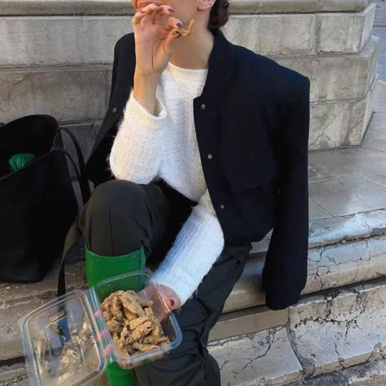 Women Casual Jacket Long Sleeves Stand Collar Solid Color Button Closure Drop Shoulder Large Pocket Short Ladies Female Bomber Cropped Coat Outwear