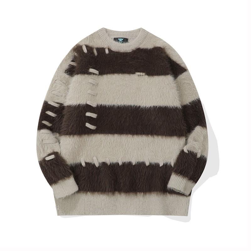 Men's Korean Style Striped Mink Velvet Sweater - Autumn/Winter Fluffy Loose Fit