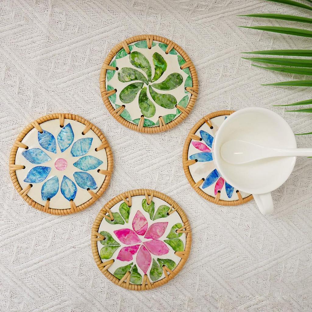 6pcs Decorative Boho Coasters with Gold Holder- 4inch Rattan and Mother of Pearl Shell Cup Mat for Coffee Table,Set of 6 Decorative Boho Colorful