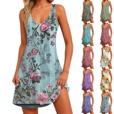 Damenkleid mit Blumendruck, Weste, Rock mit Taschen, Strandrock, Westenrock mit V-Ausschnitt