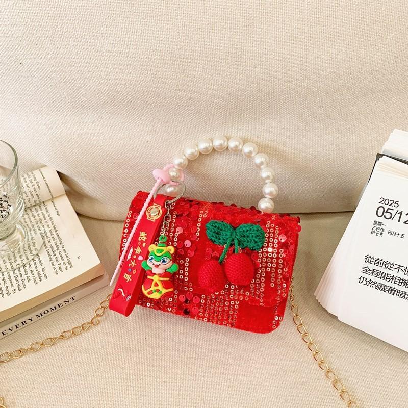 Kids Red Delightful Handbag With Stylish Chain And Charming Bow For Style Daily