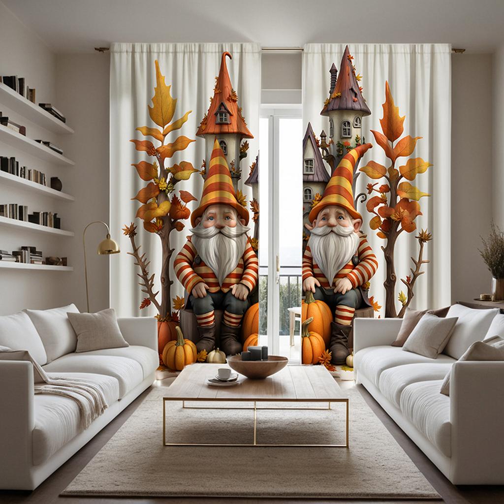2 Stück HD Thanksgiving Amerikanisches Schloss Kürbis Ahornblatt alter Mann dekorativer Vorhang Gelbe Krawatte digital bedruckter Vorhang Zuhause de