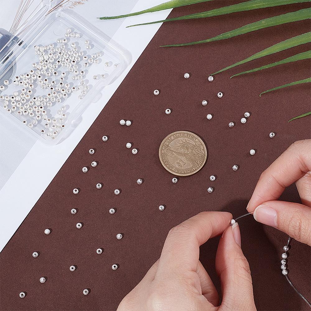 200Pcs Textured Brass Beads, Long-Lasting Plated, Round, Nickel Free, 925 Sterling Silver Plated, 3x2.5mm, Hole: 1mm