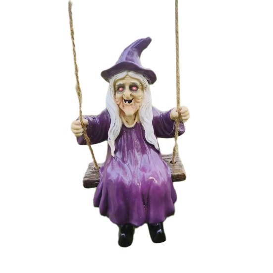 Halloween Swing Ghost Statue Resin Ghost Dog Witch on A Swing Figurine Outdoor Tree Hanging Ornament for Garden Patio Lawn Yard Decor