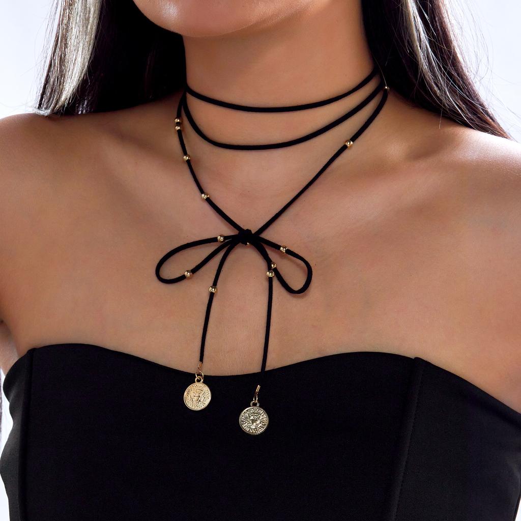 Vintage Black Velvet Bowknot Choker Necklace for Women Round Coins Weave Knotted Pendant Multilayer Necklace Y2K Jewelry Gift