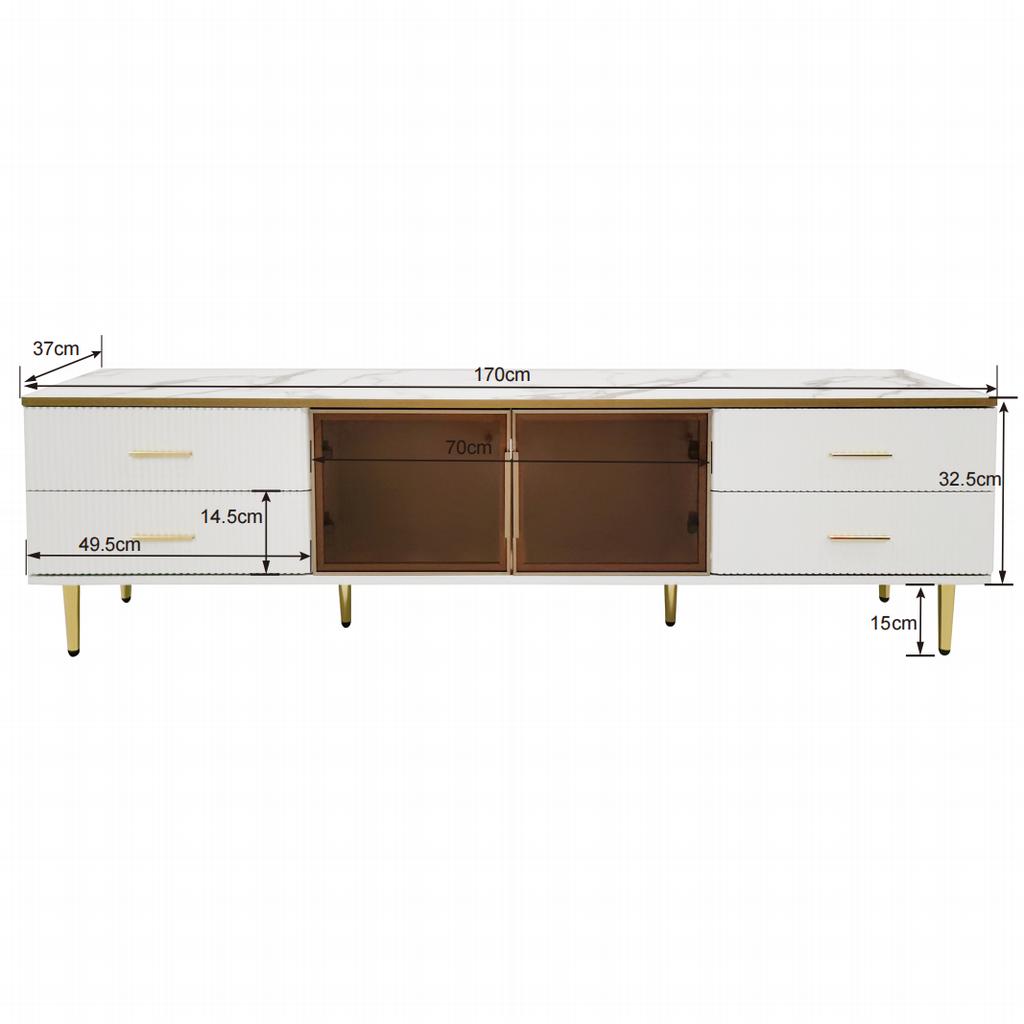 Coffee Table, TV Cabinet, Living Room Furniture, Glass Door, Alloy Frame, Drawers Wave Structure, Gold Handles and Legs, Tabletop Marble Structure.