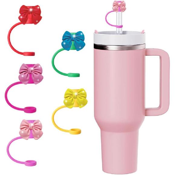 5Pcs Blling Bow Straw Cover Silicone Colorful Covers Cap for Stanley Cup 30&40 Oz Tumblers Lovely Reble Straws Cute Tumbler Straw Topper Accessories