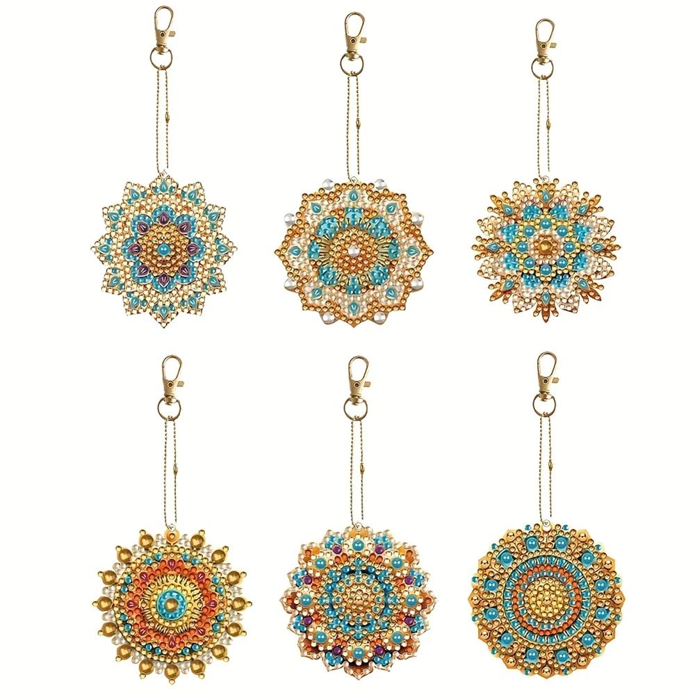 6Pcs/SetDIY Diamond Painting Keychain - Animal, Mandala Pattern, DIY Decoration, Diamond Kit Craft Supplies,