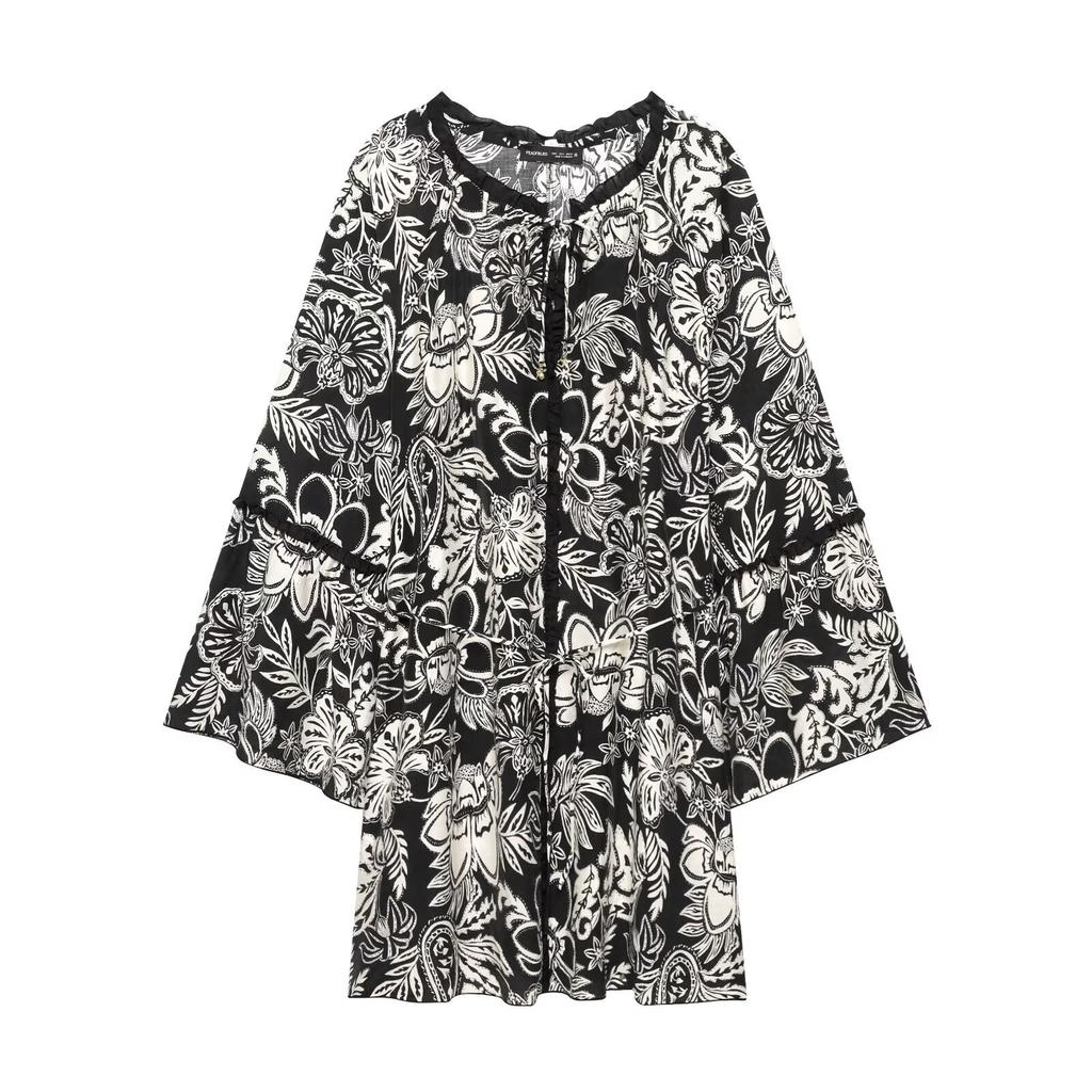 Europe, America, autumn and winter new women's clothing, horn sleeves, temperament printed short skirt, dress women