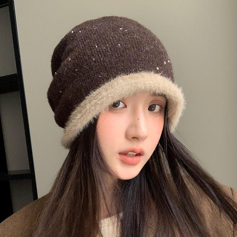 Autumn and winter ear protection warm bag head hat women's big head circumference showing face small pile hat color matching versatile knitted hat