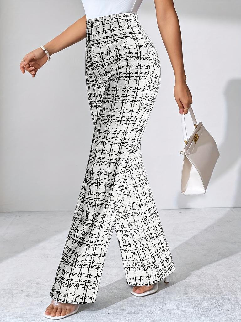 [Stretchy Flare Pants] High-Waisted Stretchy Women's Black and White Plaid Flare Pants | Casual Pants for Spring/Summer/Fall | Glossy Finish Pant